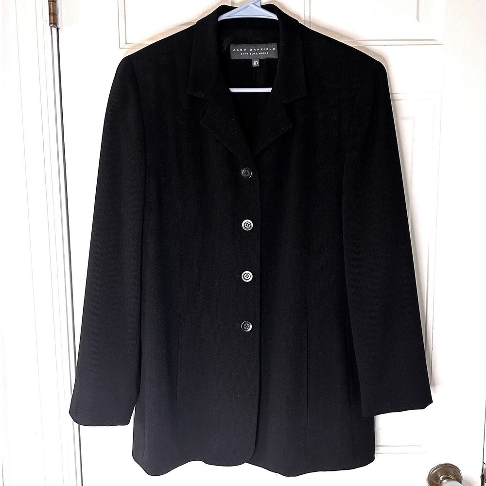 Alex Garfield Blazer Black Ribbed Business Career Button Front Jacket Size 10